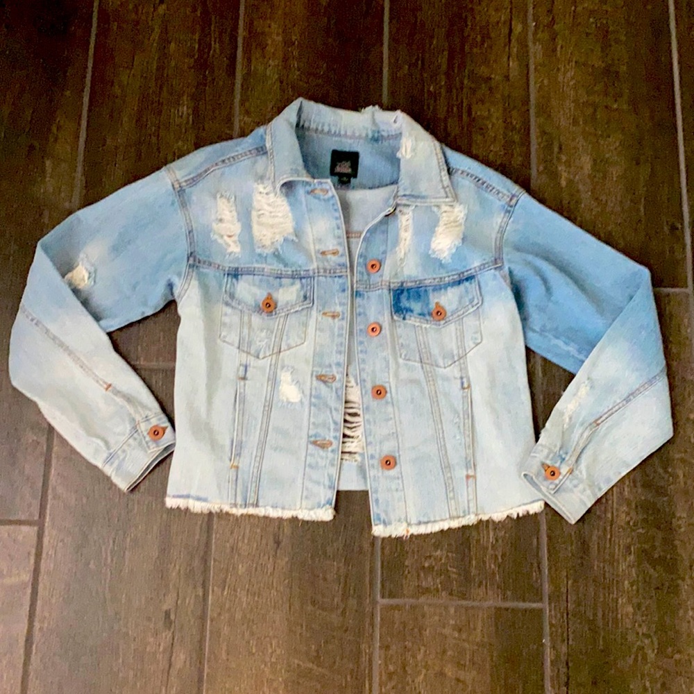 Distressed denim jean jacket